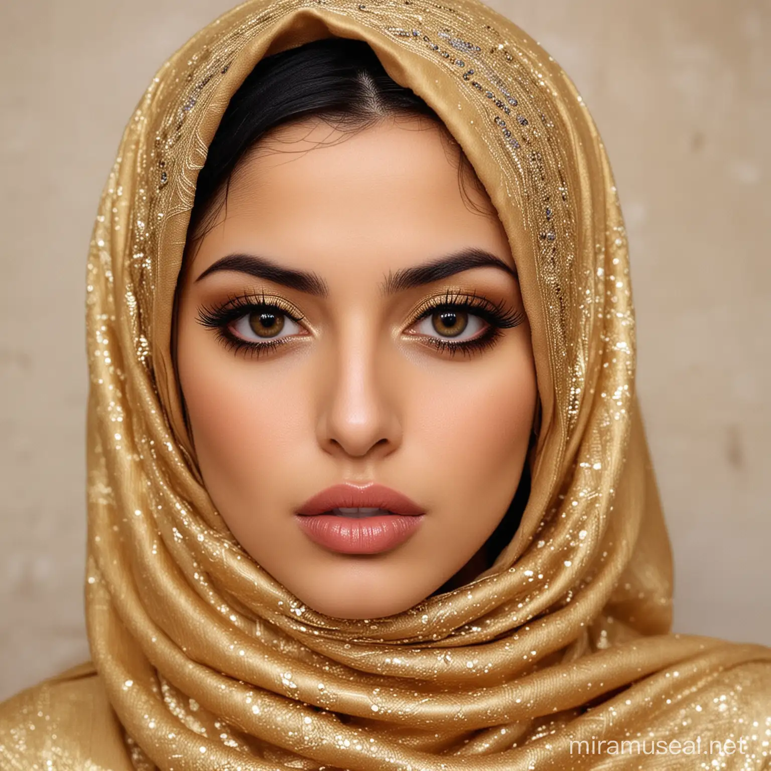 یک دختر زیبای ایرانی حجاب با رنگ طلای پوشیده است، چشم‌های سیاه و بزرگ دارد، و لب‌های سکسی و سینه های بزرگ