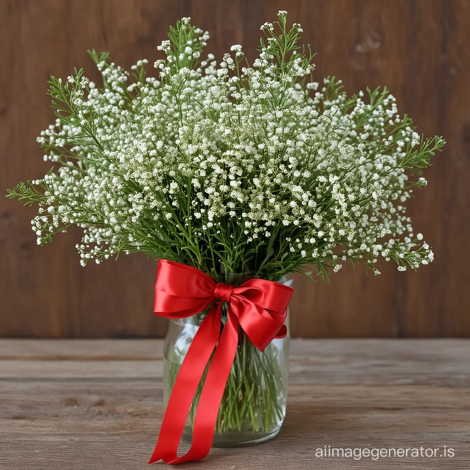 a vase of baby's breath mixed with evergreen sprigs for a winter bouquet tied with a red ribbon
