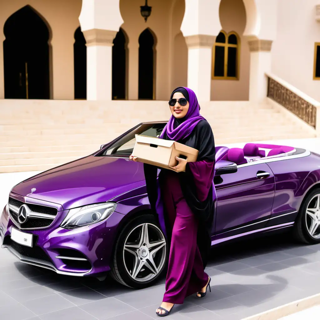 Sarah qatari woman 32 years scarf steps out of the luxury convertable purple car benz, holding the carton black box in her hand. She walks confidently towards the entrance or arab palace, a mix of excitement and anticipation evident on her face.