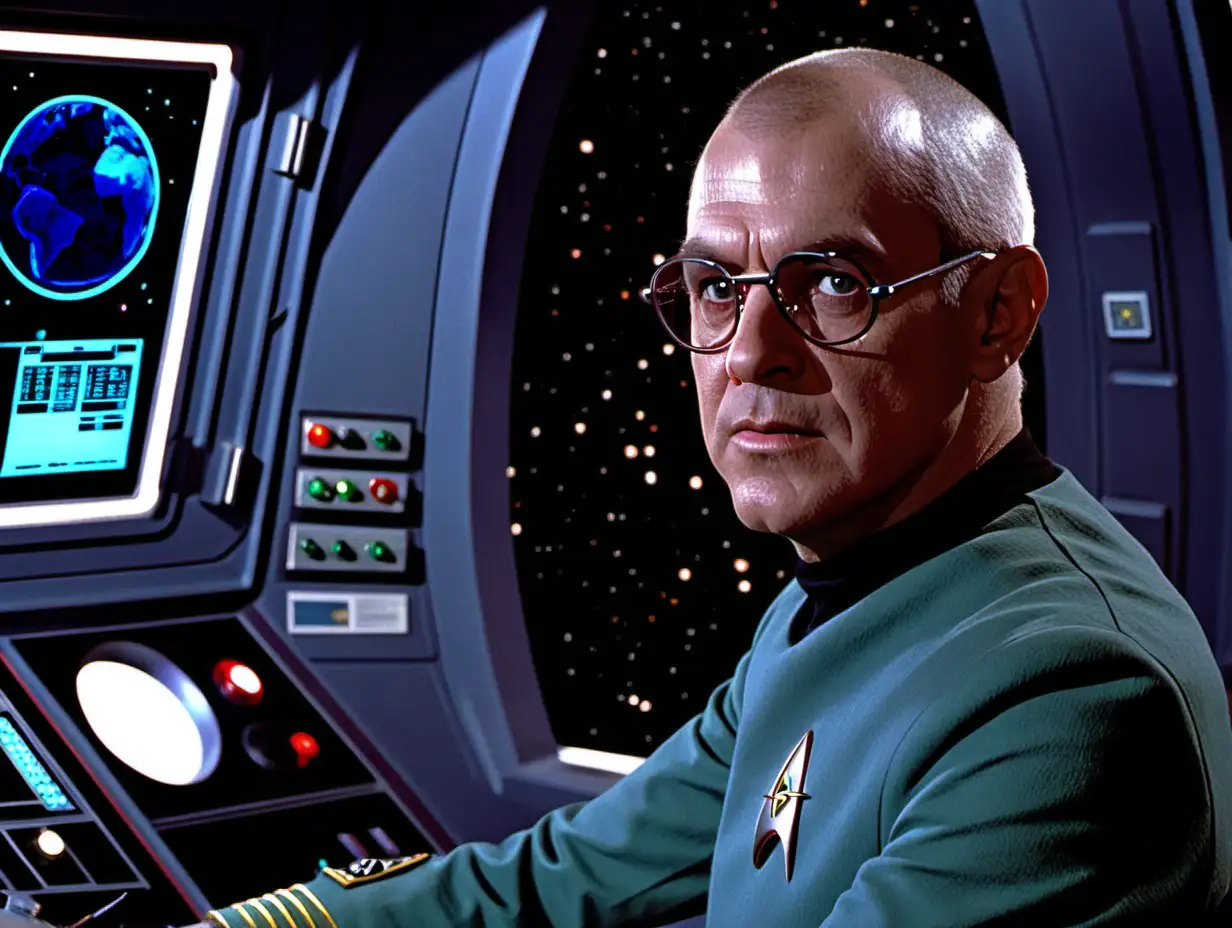 a Middle aged white man with balding buzzcut grey hair with a short goatee and eye glasses sitting in the captains chair of the starship enterprise from startrek. you can see control panels with light up buttons and a planet outside the window