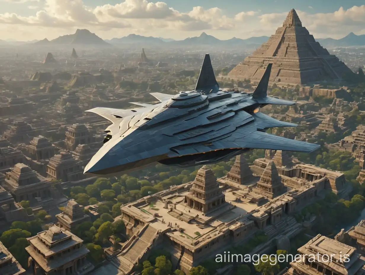 cinematic scene, triangular alien battleship flying past over the ancient temple city, aerial view, hyperrealistic, unreal machine, 8k