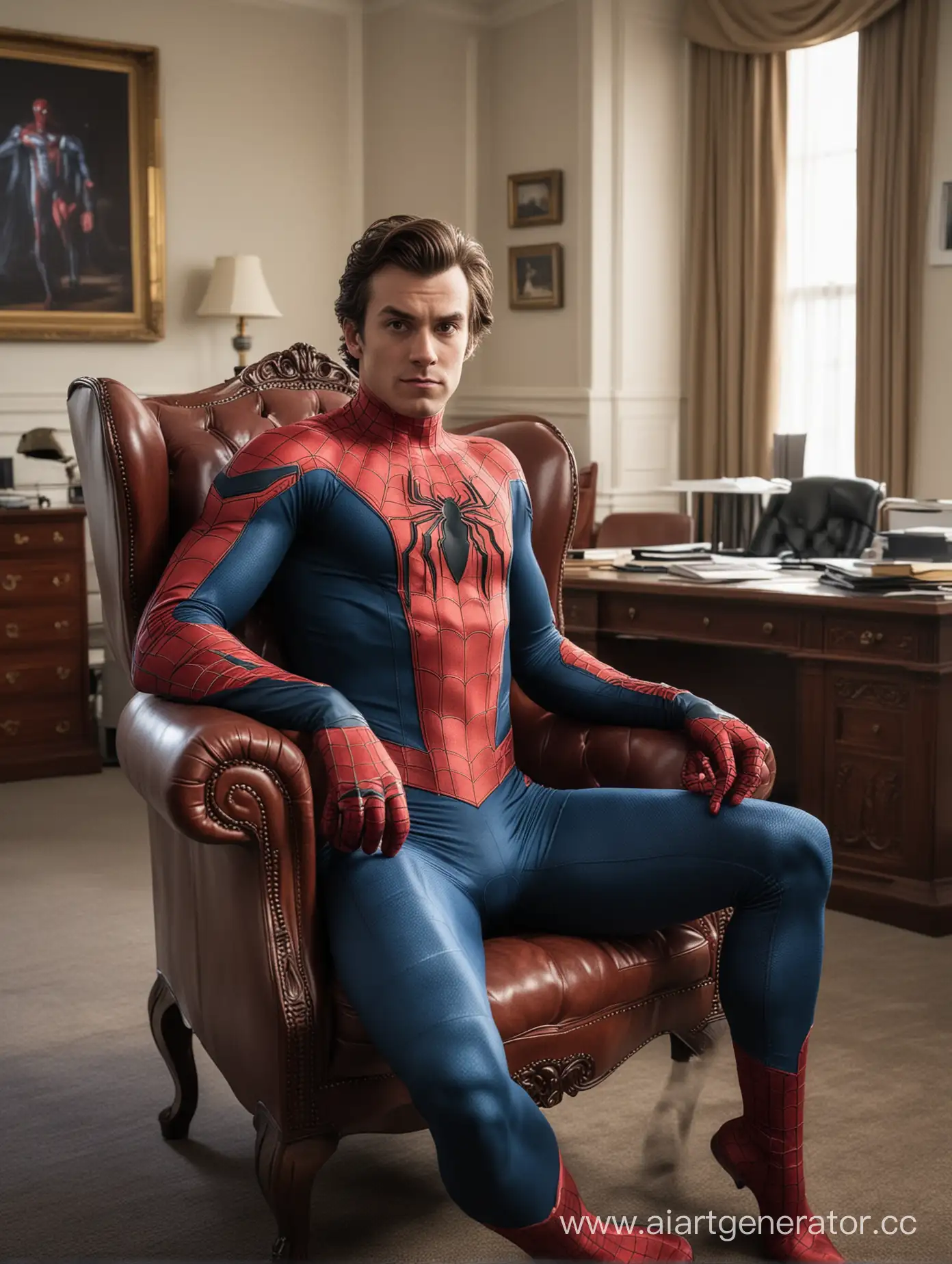 Томас Стэнли в костюме человека паука сидящий в дорогом кресле, на заднем плане его кабинет