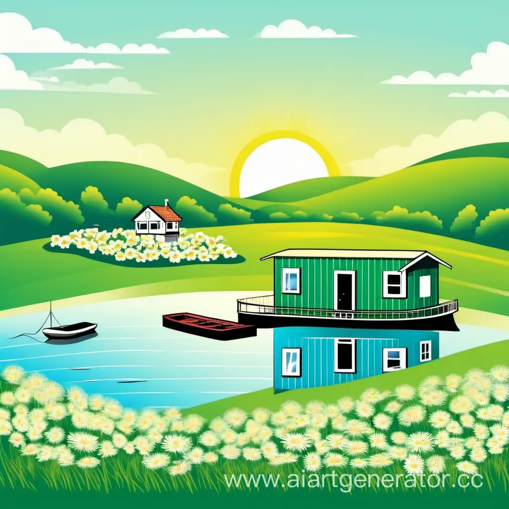 Tranquil-Lake-House-with-Boats-and-Floral-Landscape