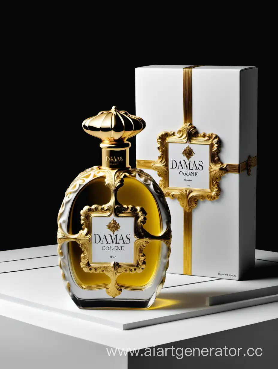 a bottle of damas cologne sitting next to a dark White box,with golden lines a Baroque dynamic luxurious composition, feminine
flemish Baroque