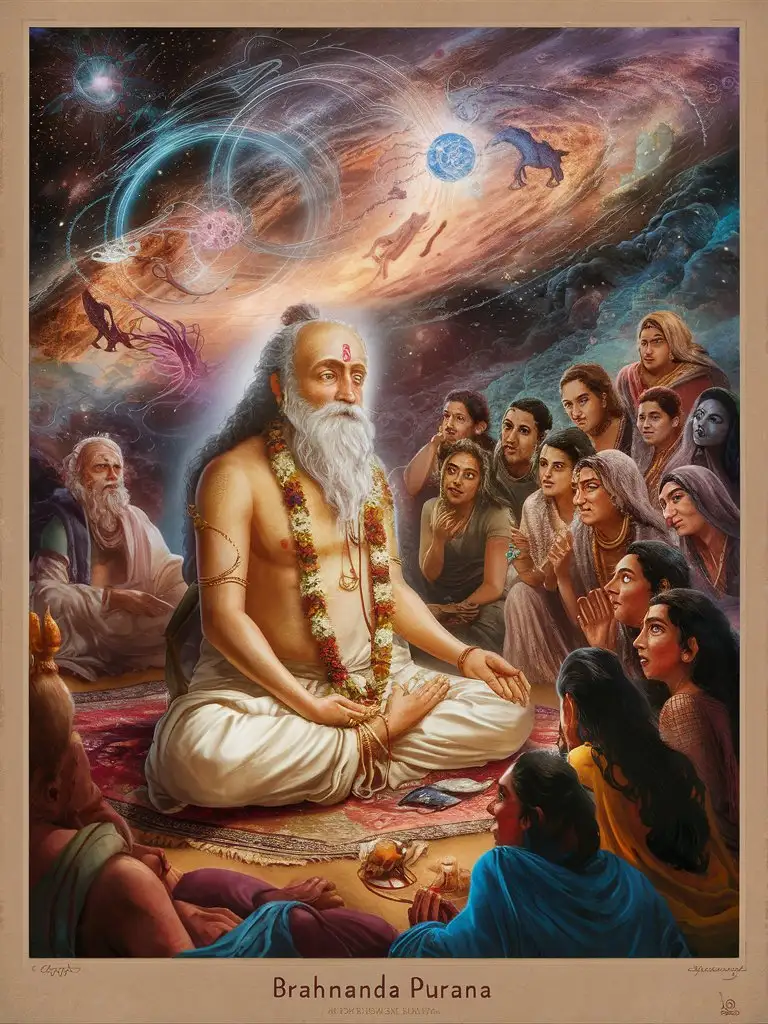 Illustrate the ancient sage narrating the tales from the Brahmanda Purana to a group of eager listeners, with intricate details of creation and cosmic cycles.