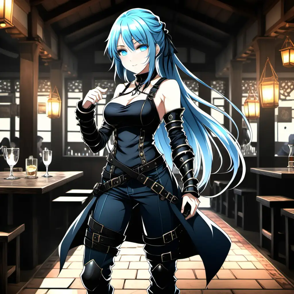 anime girl, light blue hair, enchanting magic, black clothes, black armor, wearing pants, dynamic pose, braided hair, tavern