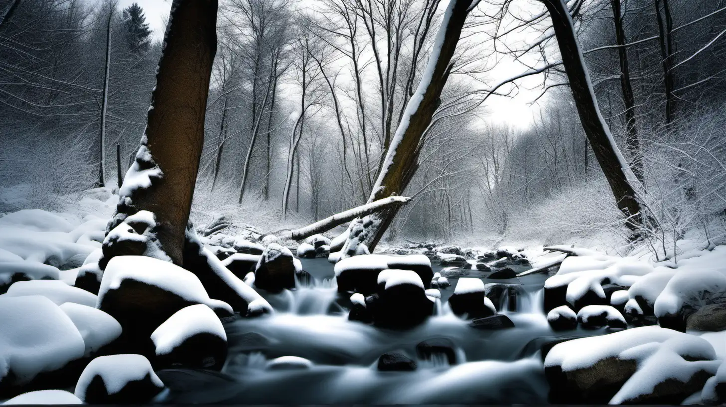 high resolution photography of a forest scene with a rocky creek with snow on the trees
