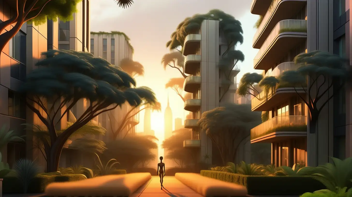The first rays of dawn light up the modern savannah. Among the futuristic buildings, large, lush trees sway gently. A small, cozy apartment is zoomed into, focusing on a sleeping figure