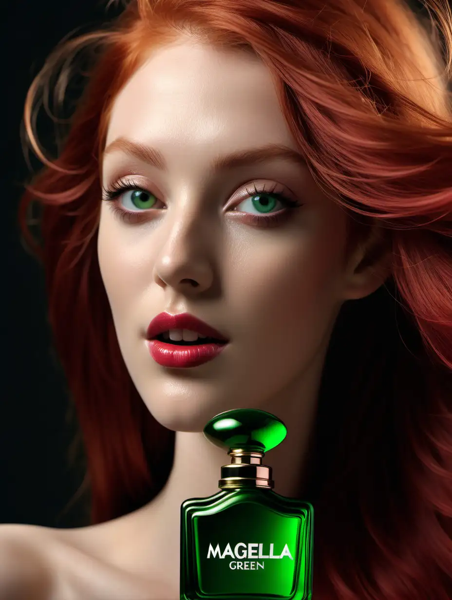 Create a hyperrealistic photography of a perfume bottle  featuring magella green, 25-year-old, windy long red hair, green eyes,  perfect face, perfect lips, perfect teeth. High definition 8k image, octane render. 