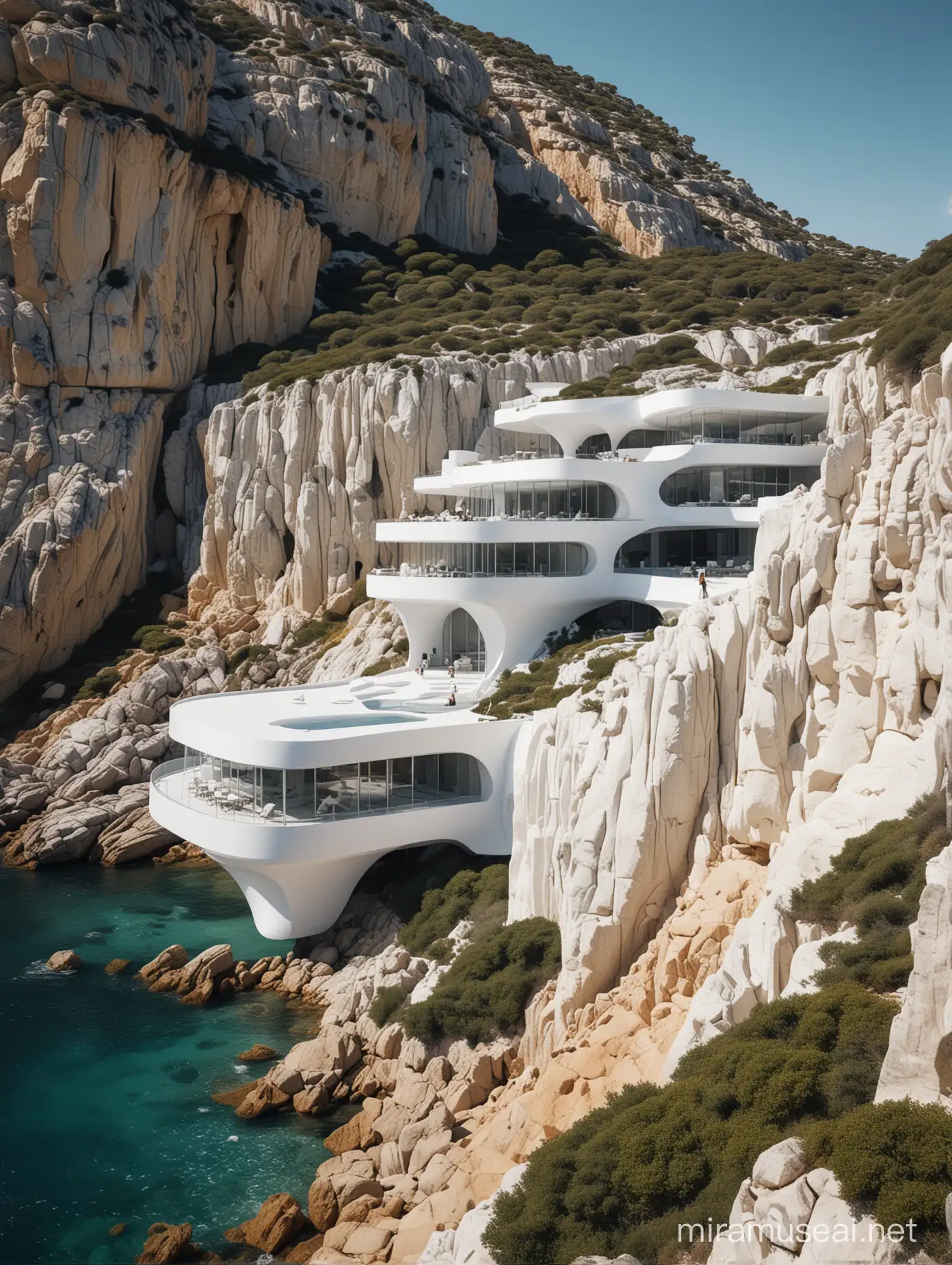 Create stunning style STYLE yayoi kusama zaha hadid of structures white built and integrated into mountains and cliffs, by award winning architects. Shrilling Waitress, architectural photography, style of archillect, futurism, modernist architecture near the sea of malta rock drone view,32k cinematic light, Hyperrealism