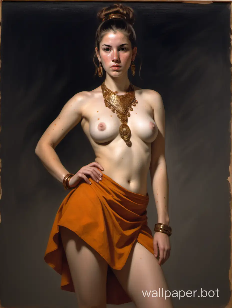 full body perspective, low angle painting of a fair 22 year old brunette woman standing regally, her hair is pulled back in a large bun, she has light brown hair, freckled face, serious facial expression, she is wearing a bronze-orange bikini top and skirt, deep plunging v, wearing much golden jewelry, arabic influences, in the style of diego velazquez, science fiction art, portrait