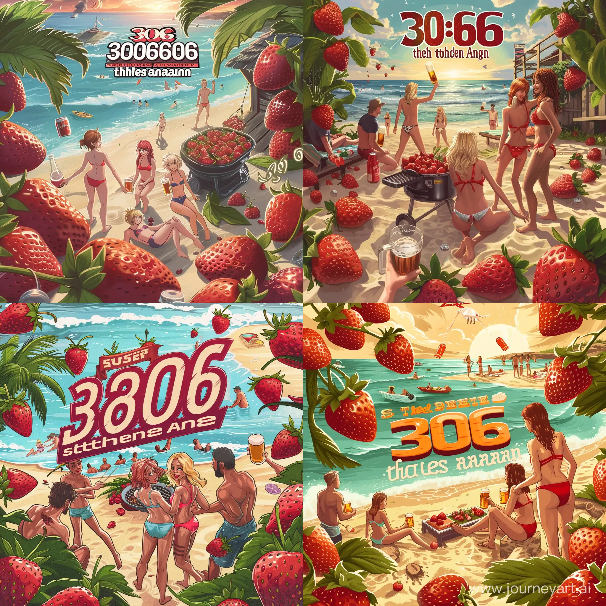 Сделай рекламный баннер с надписью "306 together again", на баннере должно быть пляж, шашлыки, клубника, девушки в купальниках, мужики с пивом, без аниме.