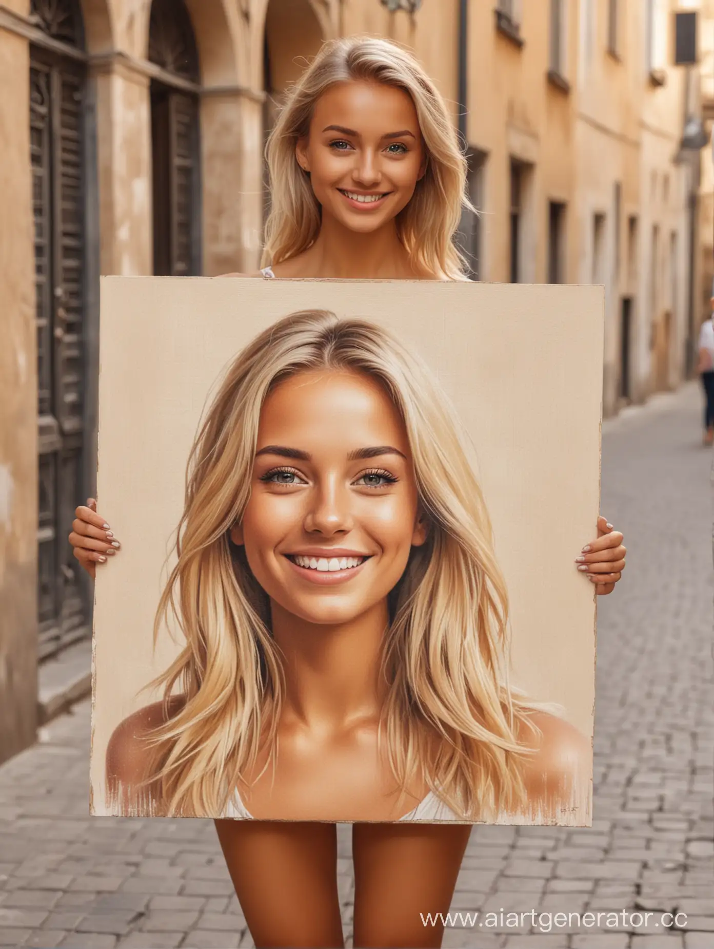 A happy, beautiful tanned blonde girl holds a portrait on canvas in her hands. Full-length. realistic. High definition. The exact drawing of the hands. High quality. on the street