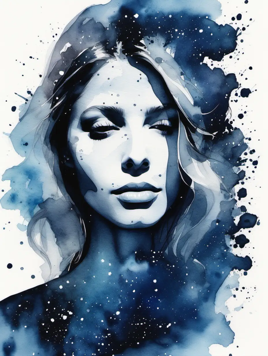 Melancholic Galaxy Watercolor Portrait HalfFace of Zuzana Caputova with Moody Galaxy Explosion