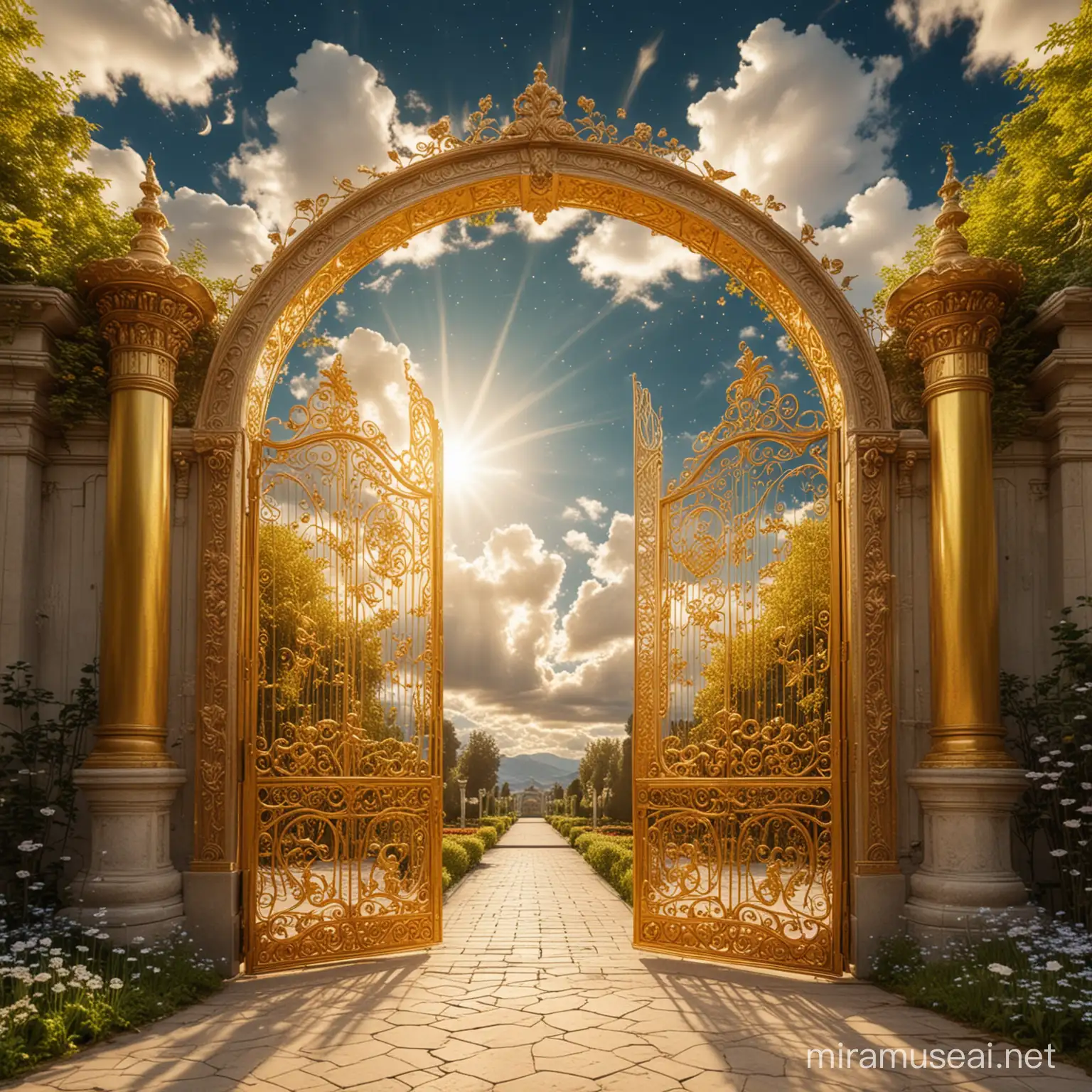 big open golden gates to a celestial garden in heaven floating in the sky