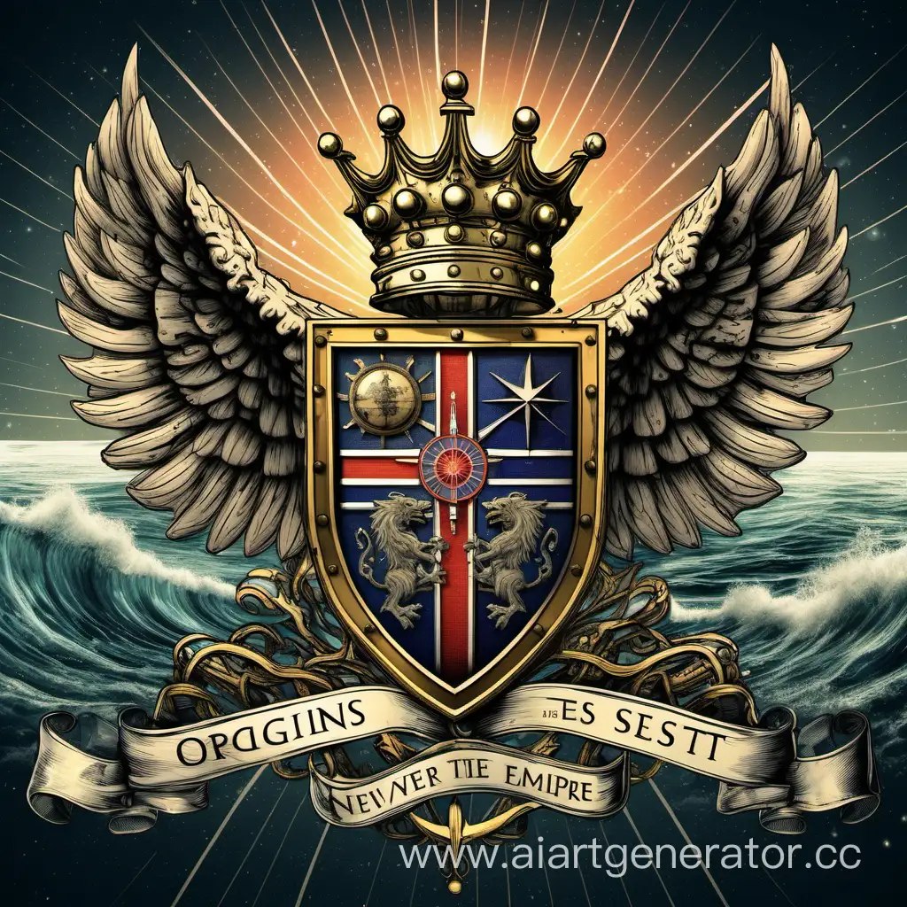 Герб Великобритании в стиле Sci-Fi, как могущественной океанической империи с красивой  надписью "Истоки там, где не заходит солнце"
