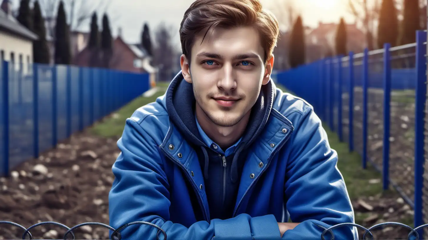 Young European Man Building Metal Fence in Bright Atmosphere