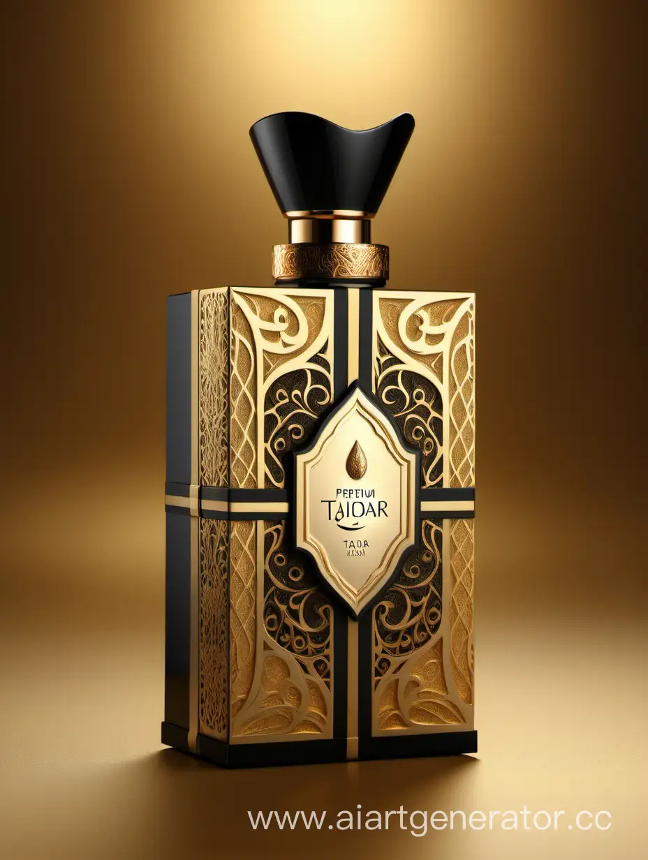 Box package design of perfume TAJDAR product, elegant, trending on artstation,   sharp focus,   studio photo,   intricate details,   highly detailed,   gold, Royal black and beige color on gold background