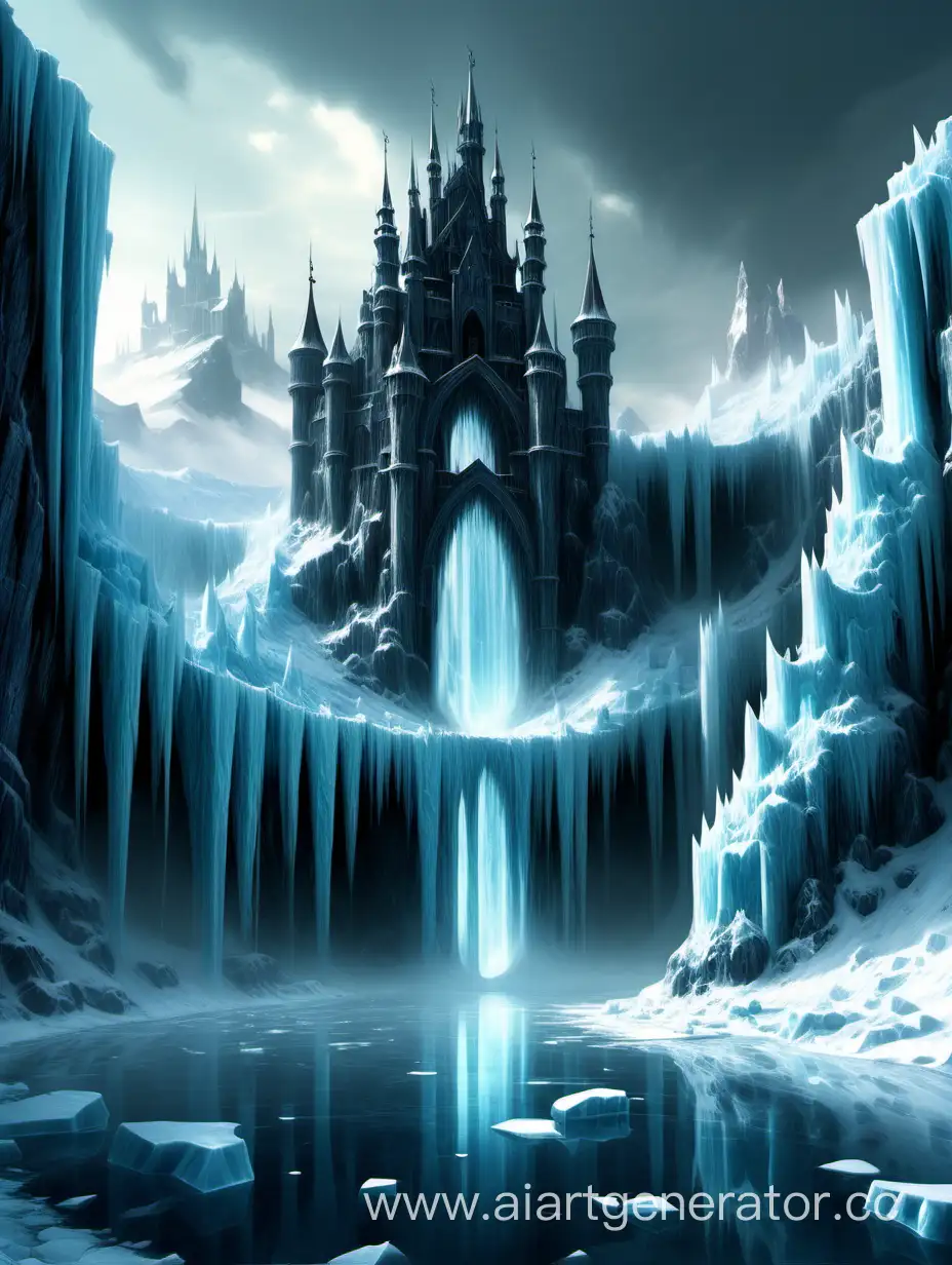 landscape, fantasy, high fantasy, The epic ice island, ice waterfall, gothic castle,  nordic, 