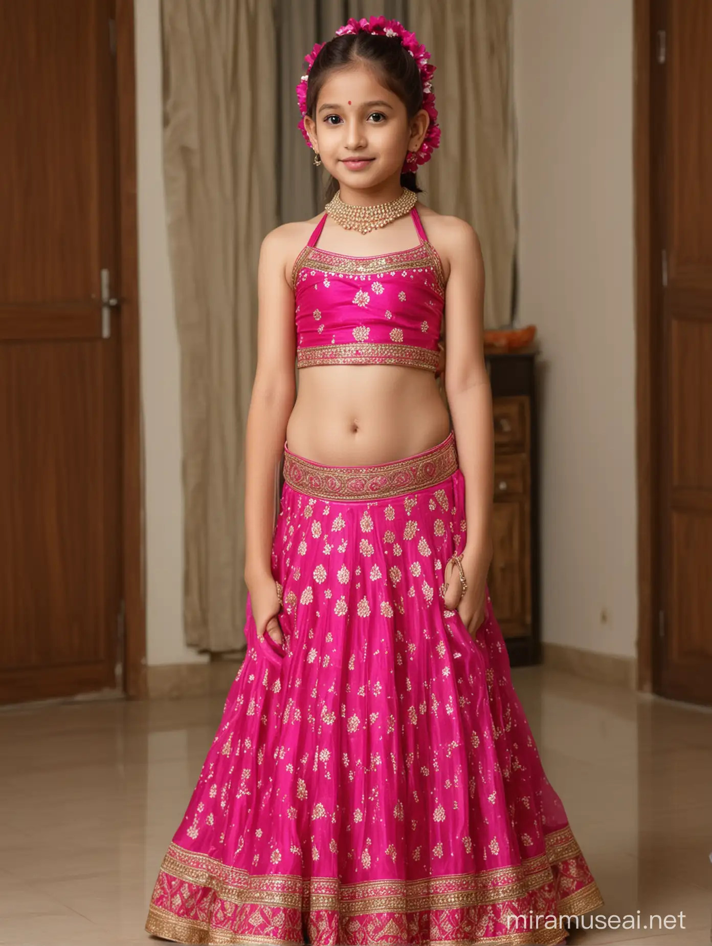 10 years old girl, white skin, beautiful, wearing fuchsia very thin halter neck very thin choli with lehenga, her front view, in well lit house
