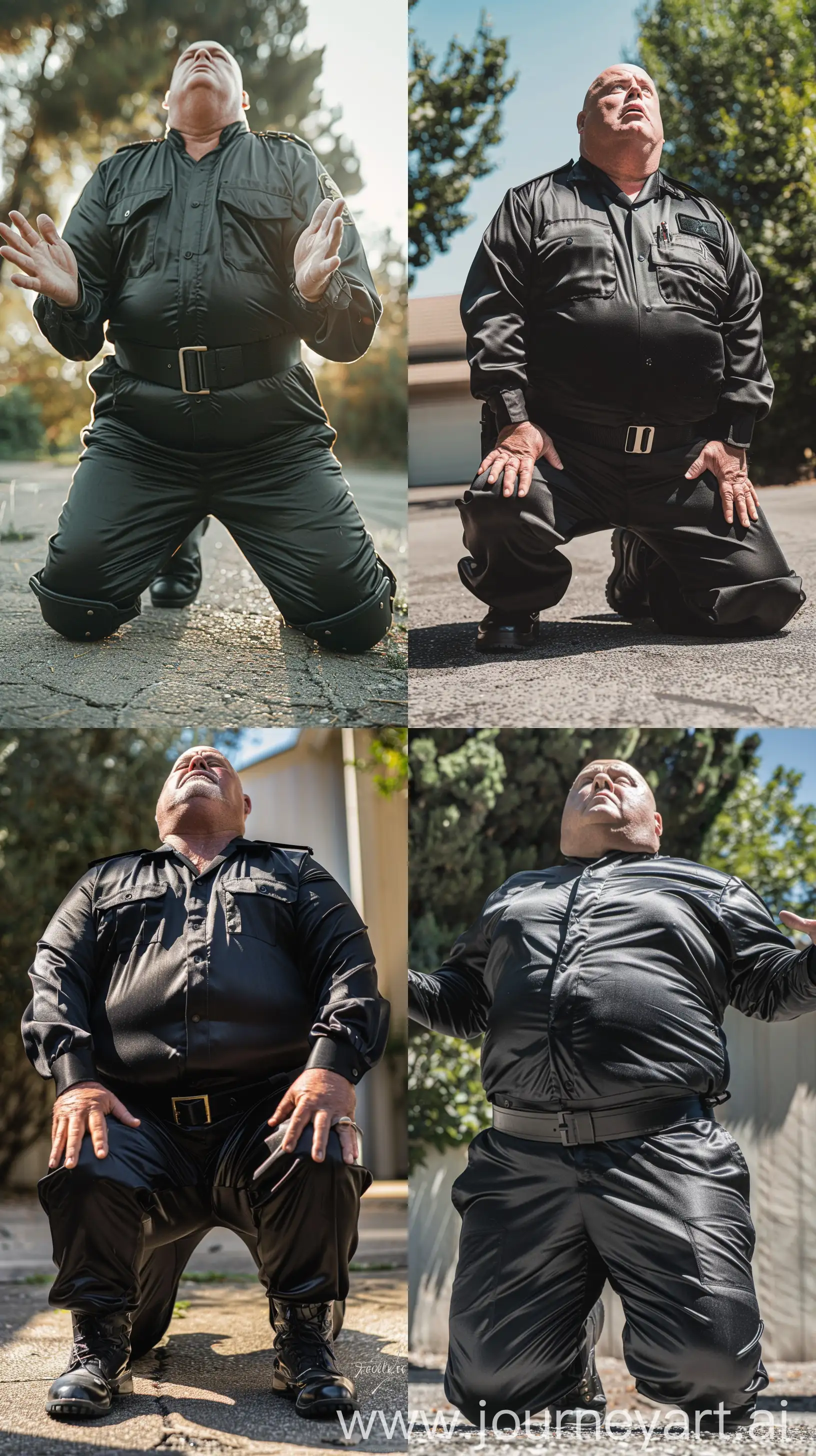 Close-up front view chest-level photo of a serious very fat man aged 70 wearing a silk black security guard skinny-fitted full coverall tucked in black tactical boots. Black tactical belt. Outside. On his knees on the ground looking up at the sky, Hands wide opened. Outside. Bald. Clean Shaven. Natural light. --ar 9:16