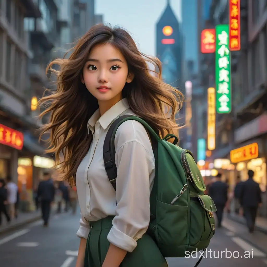 In the bustling streets of Shanghai stands an 18-year-old female student, casually yet fashionably dressed, carrying a trendy backpack. Her long hair gently sways in the breeze, exuding youthful energy. Towering buildings loom around her, neon lights flicker, traffic flows, and people rush by, all symbolizing the prosperity and vibrancy of a modern metropolis. The girl's eyes sparkle with curiosity and anticipation, as if she's on the pursuit of her dreams and future in this city. --ar 16:9
