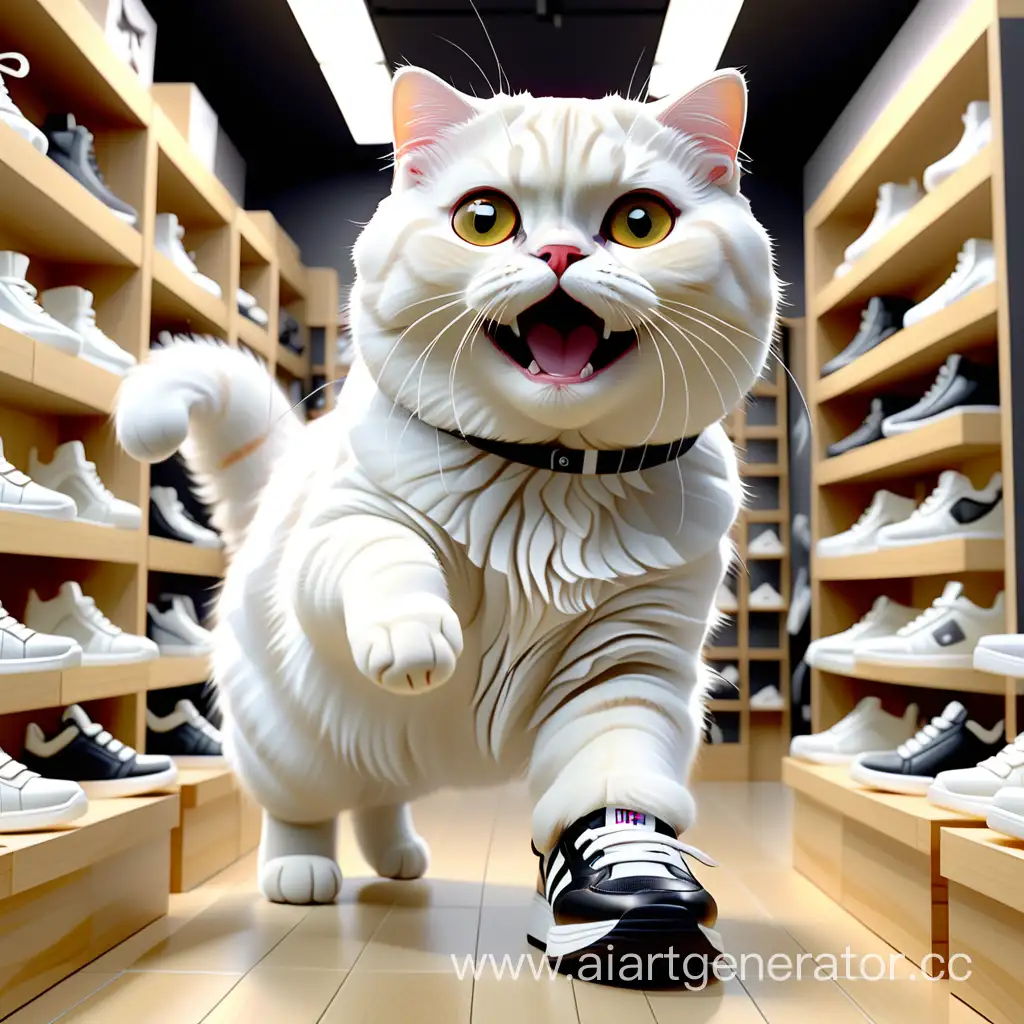 Elegant-White-Scottish-Fold-Cat-Strolls-Amid-Sneakers-in-Cinematic-Ambiance