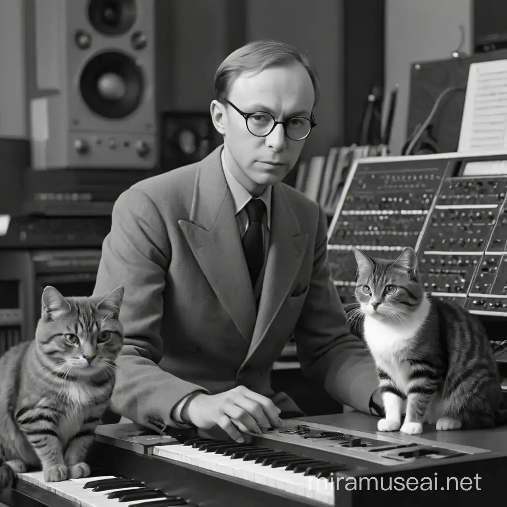 sergei prokofiev playing a modern synthesizer in his studio with two cats