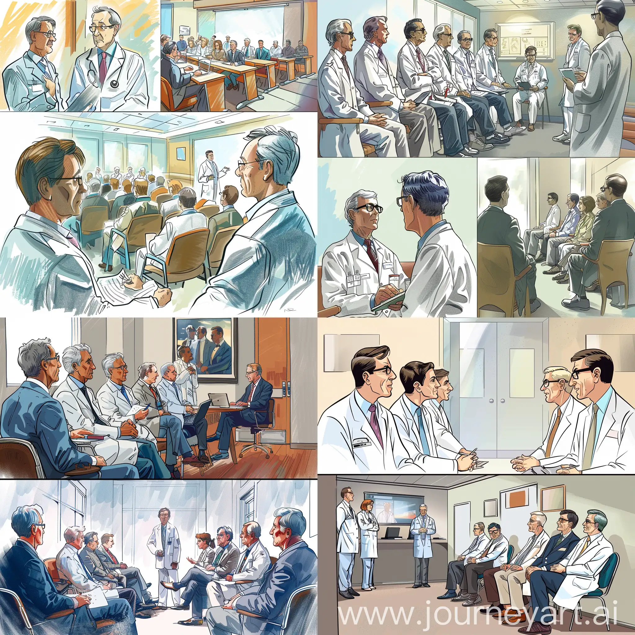 Нарисуй картинки про лор- врачей, которые находятся сначала в своем рабочем кабинетет, а потом собираются на конференцию оториноларингологии.  а потом сидят в зале и слушают своих коллег. 