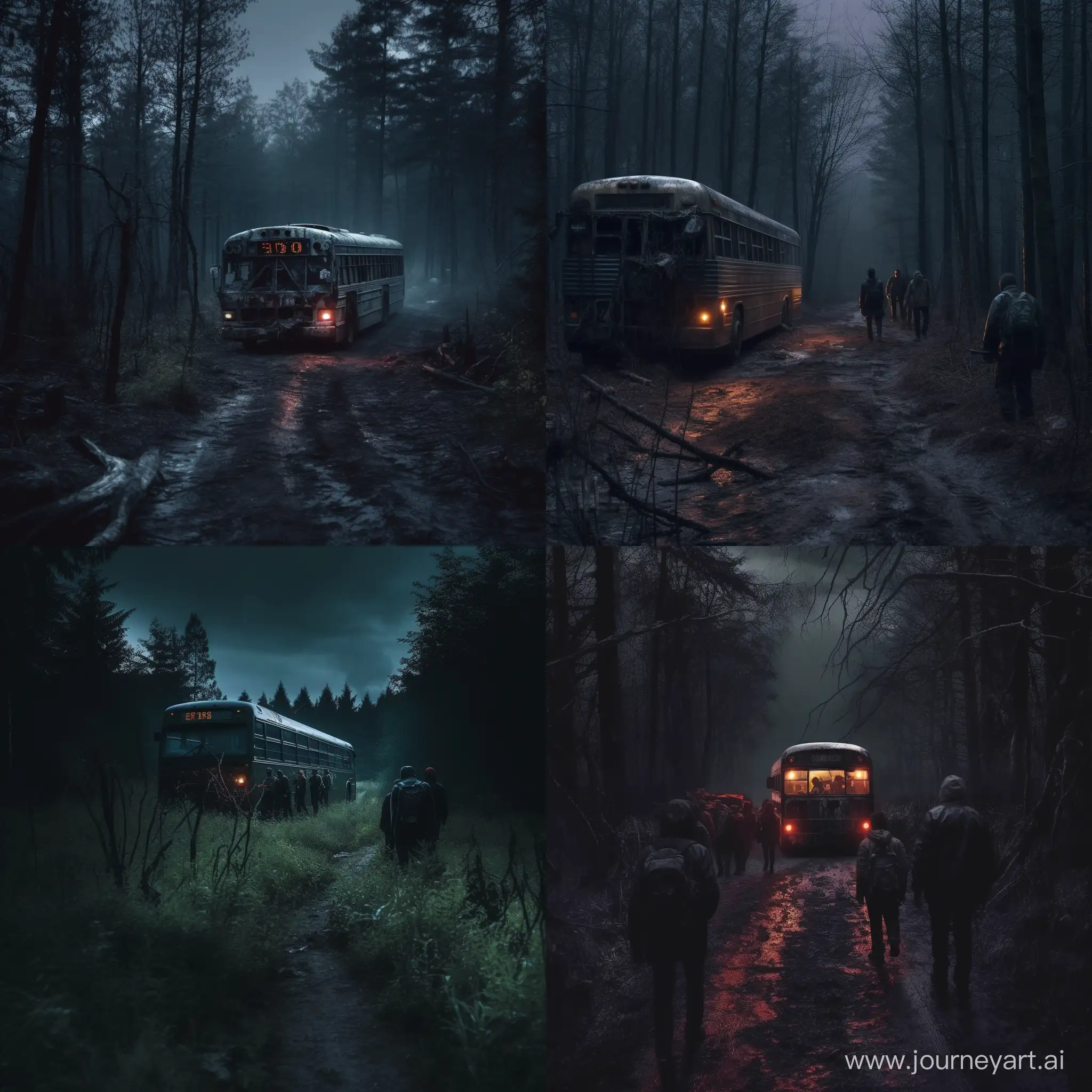 gloomy atmosphere, hyper-realism, 8K image quality, ultra detail, gloomy atmosphere, forest,horror atmosphere, darkness, bus headlights are glowing, people are walking around the bus,  Russian Abandoned bus stuck in trees and grass, headlights on, nearby people tourists, Abandoned Bus 