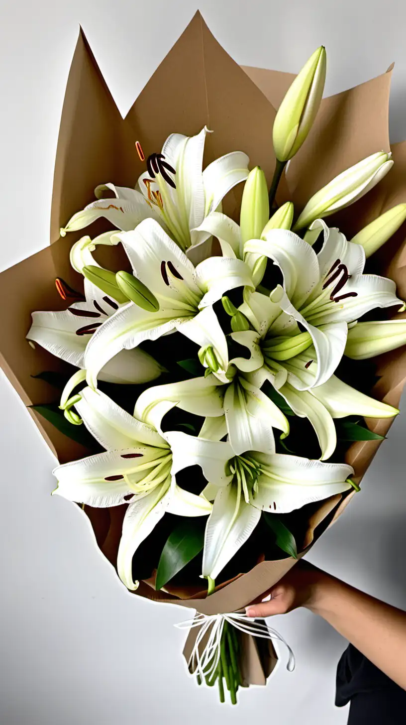 a bouquet of white Lillies white with paper wrapped around