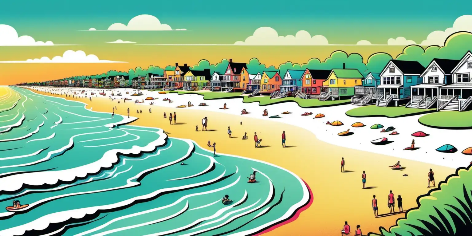 colorful cartoon of a long island beach