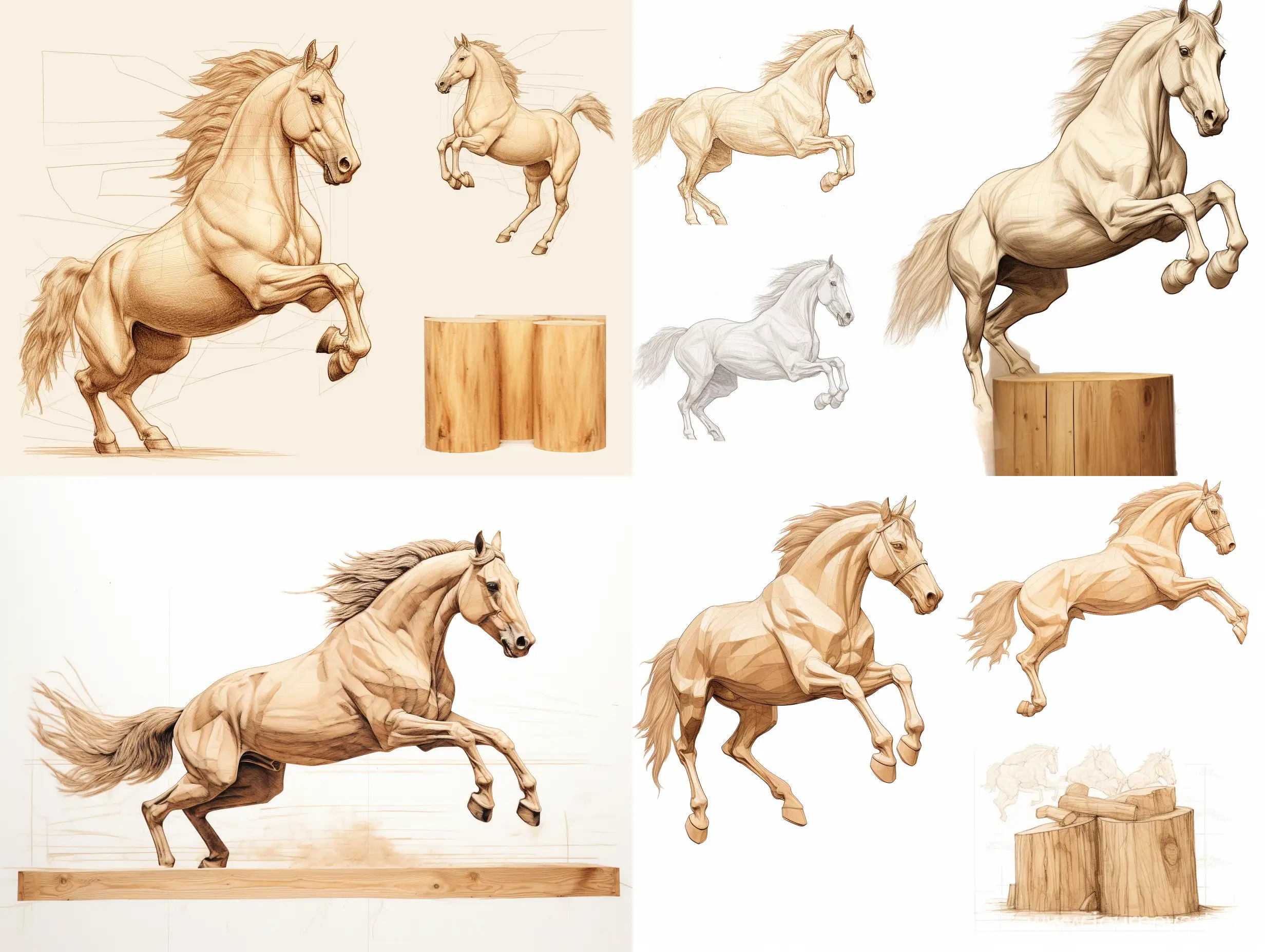 Professional wood carving sketch, life size horse in flight sitting on a large wooden cube, concept art, professional dynamic character, front, back and side view, wood carving, ready for battle 3d, white background, 8k render, ultra realistic