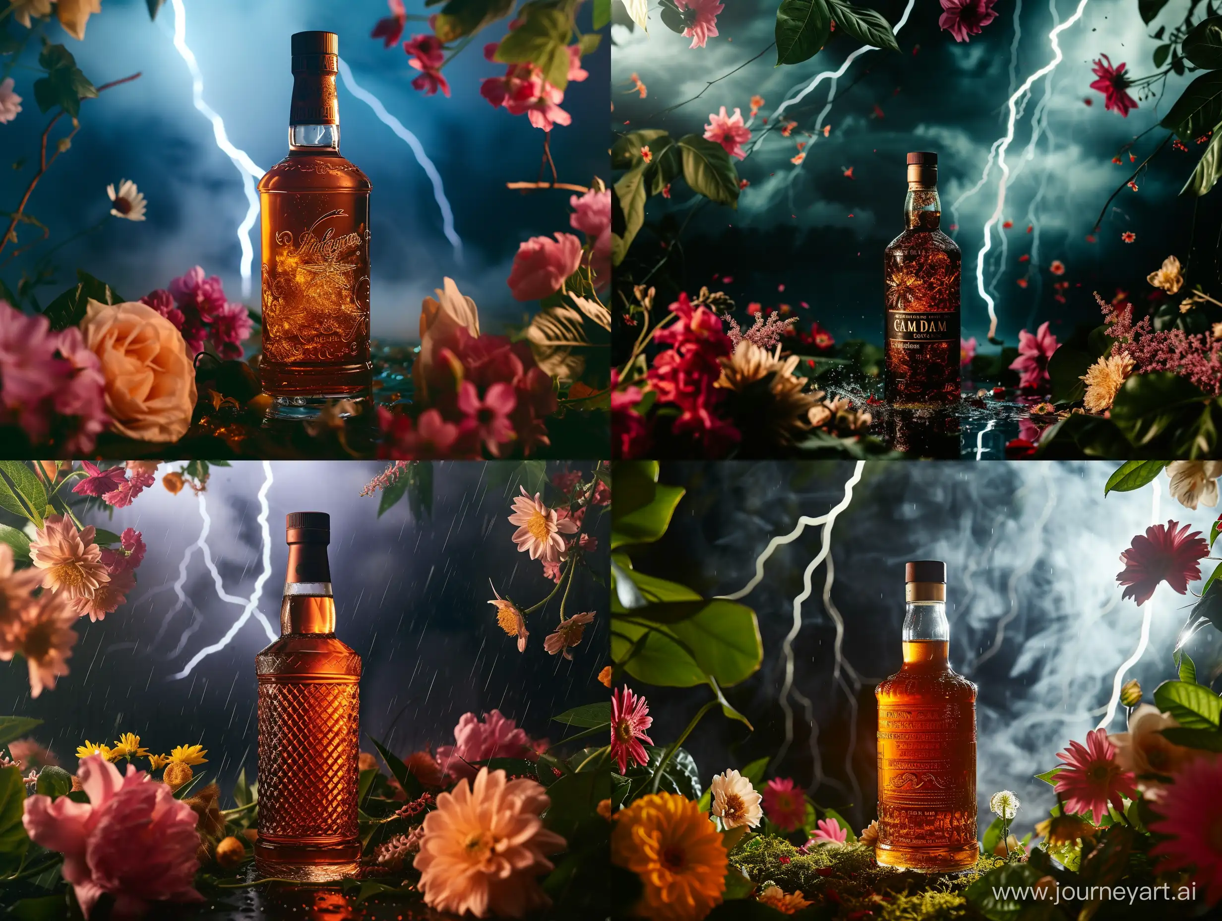Still-Life-with-Rum-Bottle-and-Studio-Lighting-Surrounded-by-Flowers
