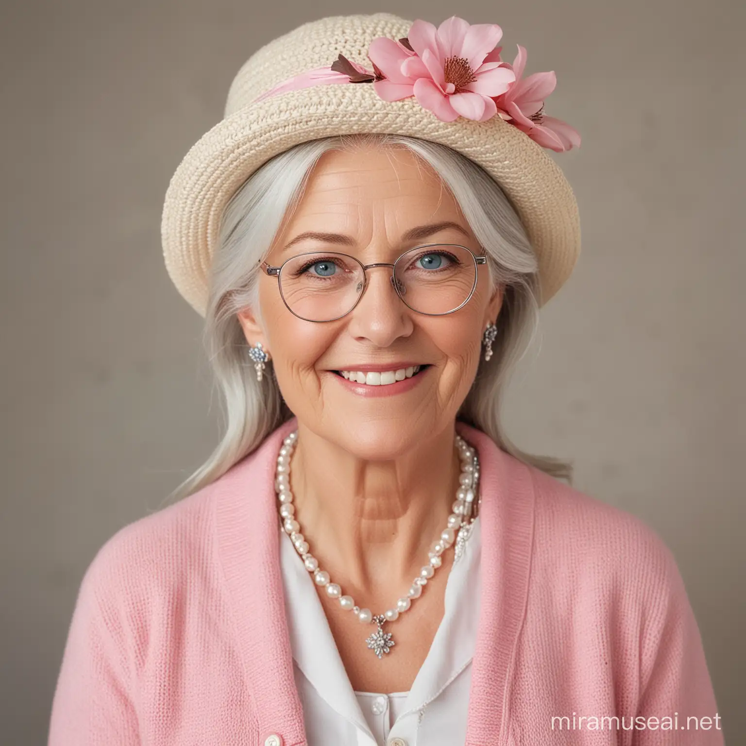 En ældre kvinde med langt, gråt hår og blå øjne. Hun har et rundt ansigt og et venligt smil. Hun er iført en lyserød kjole, en hvid cardigan og perlesmykker. Hun har en brillekæde om halsen og en hat med en blomst på hovedet. Hun ser sød og elegant ud.