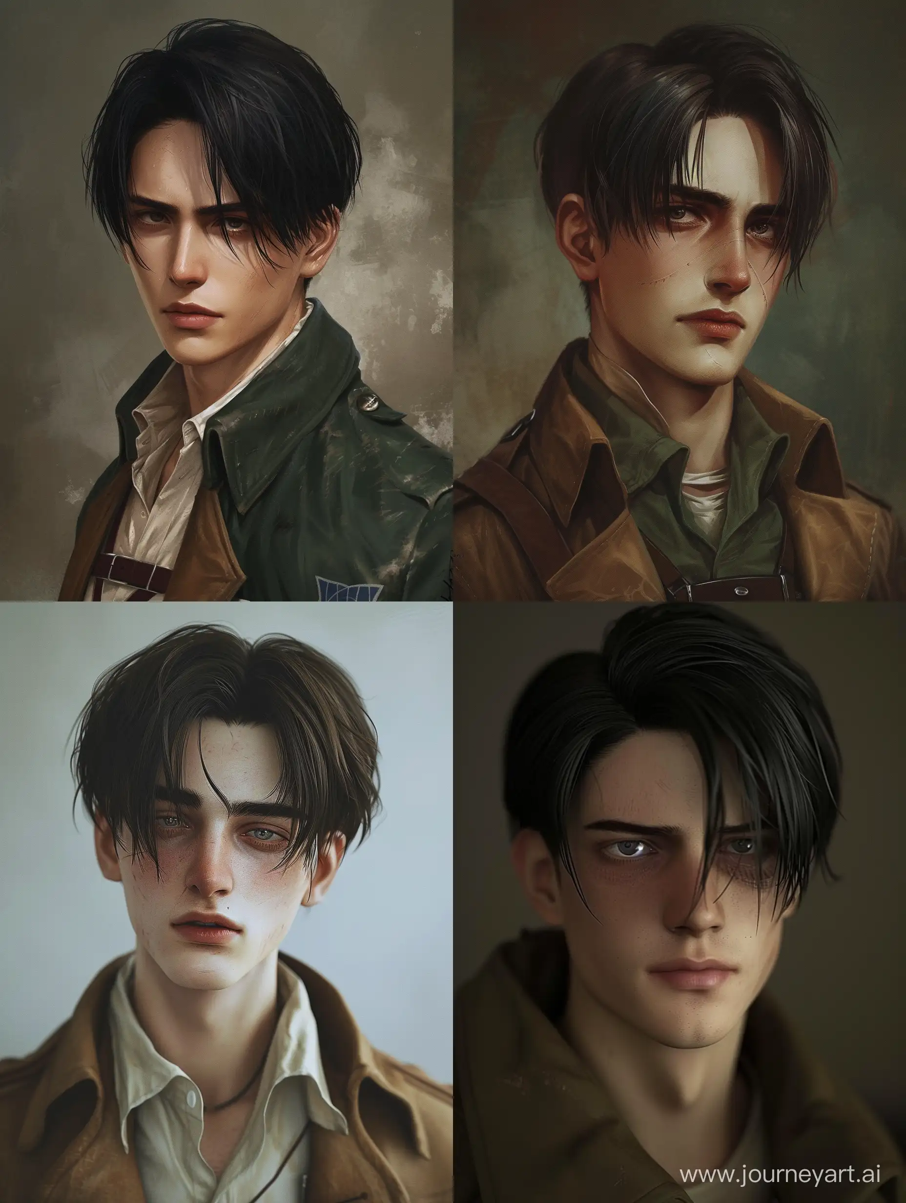 Realistic Levi Ackerman from Attack on Titan, in his 30s, with normal dark circles and slight smirk