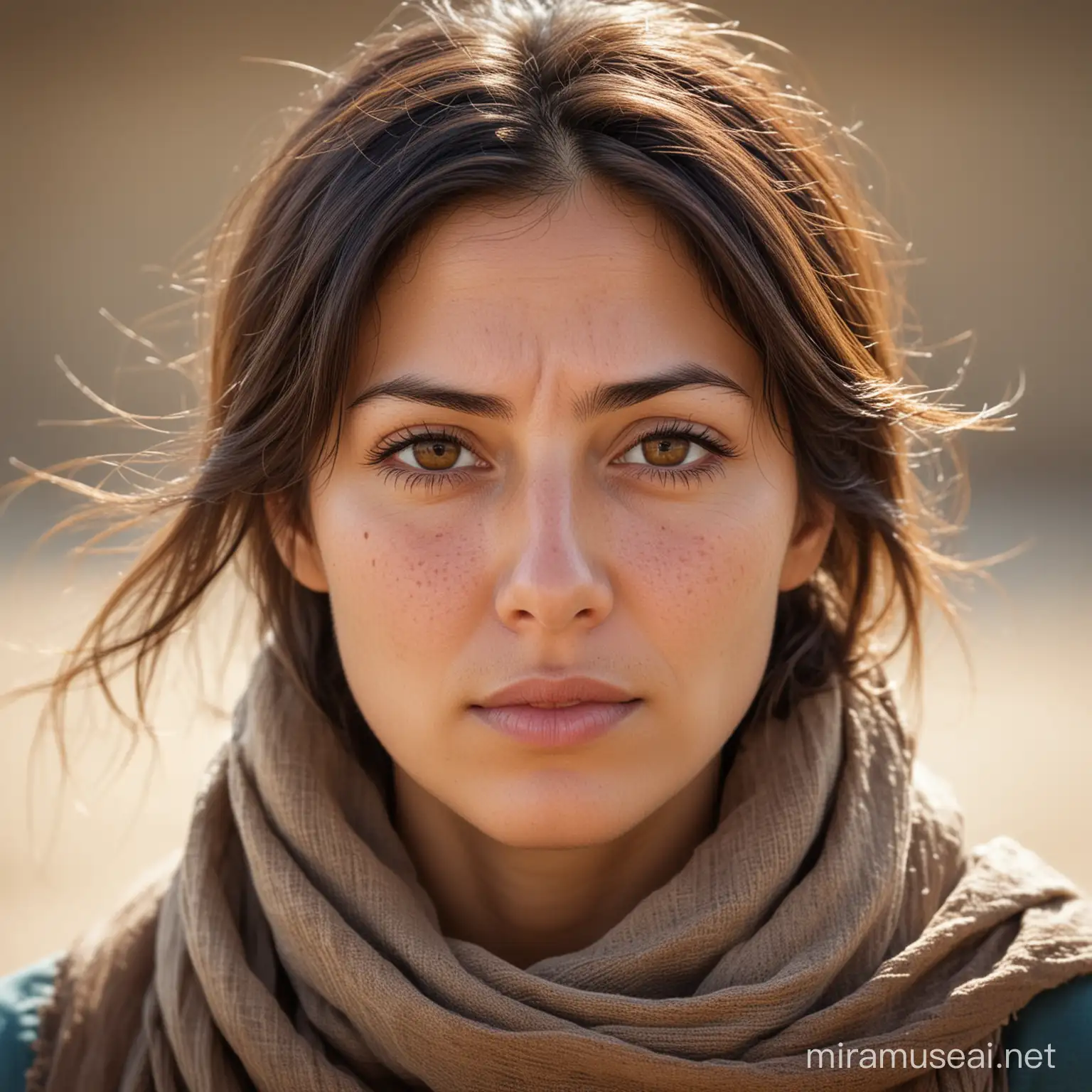 Serious Woman with Protective Scarf and SunDamaged Skin