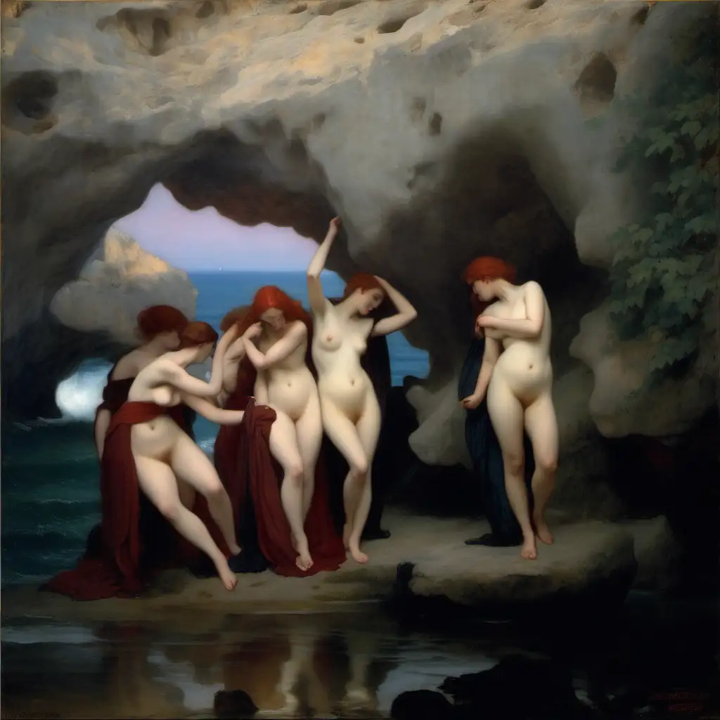 Breathtaking Bouguereau Scene RedHaired Nude Muses in Coastal Cave at Dusk
