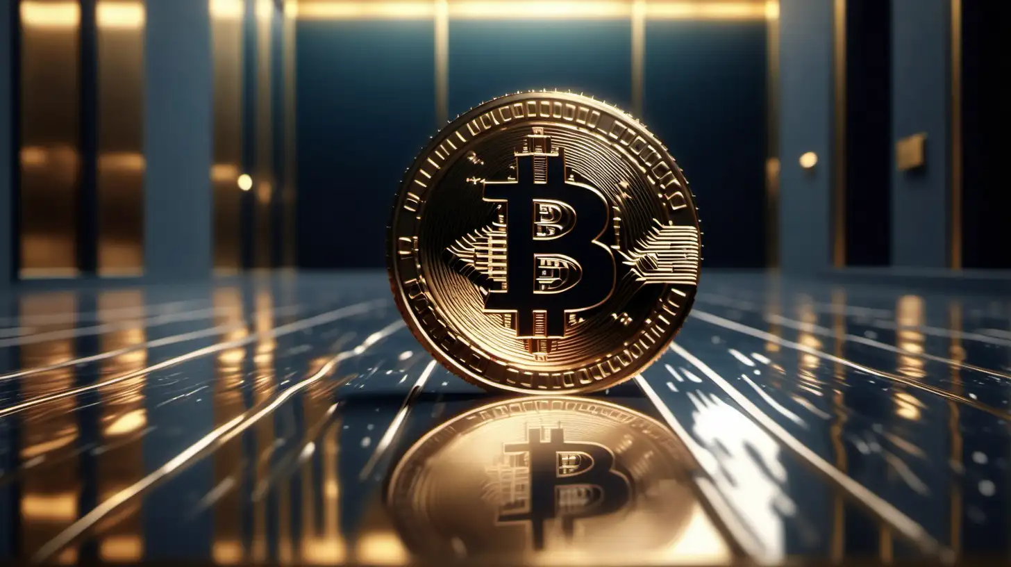 Realistic bitcoin with high details and finnish, put on the shiny floor in front of a bank velvet. Realistic and cinematic