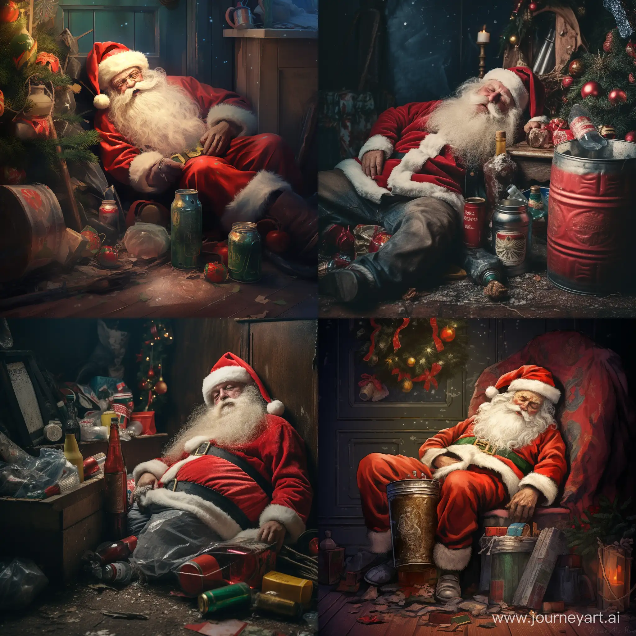 Santa Claus with a bottle of vodka lies under the Christmas tree next to the trash can