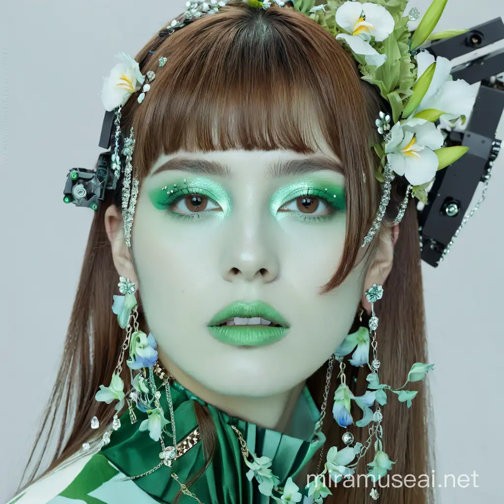 Floral head accessories, long hair, brown hair, white skin, aquamarine iris, green floral robotic clothes, floral earring