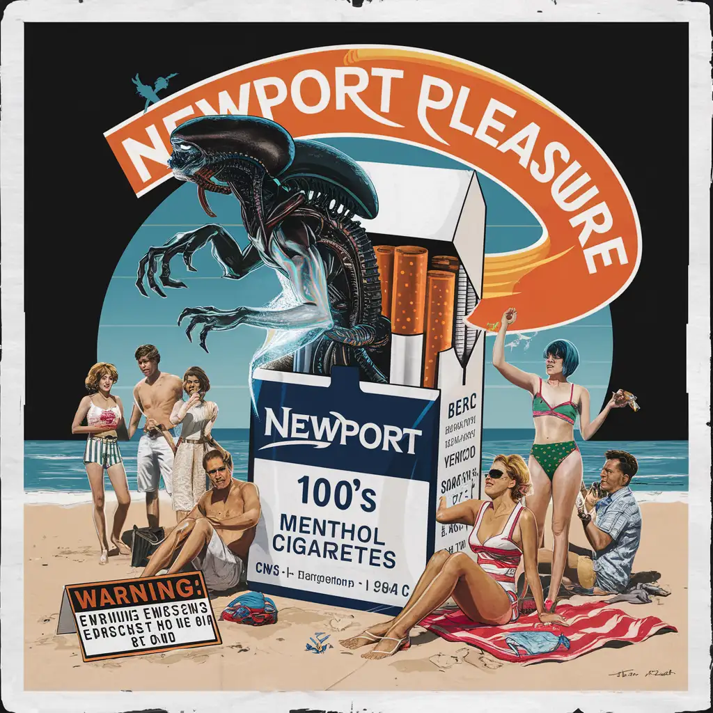 CMYK color profile, printable, newsprint color poster from the 1980's, holographic, sticker, decal, image of a xenomorph appearing to break through a giant pack of Newport 100's menthol cigarettes, that is flanked beachgoers, the slogan "NEWPORT PLEASURE" in large orange font in a banner above, a small government warning in a rectangular box below that says "warning: everything is bad" in the bottom