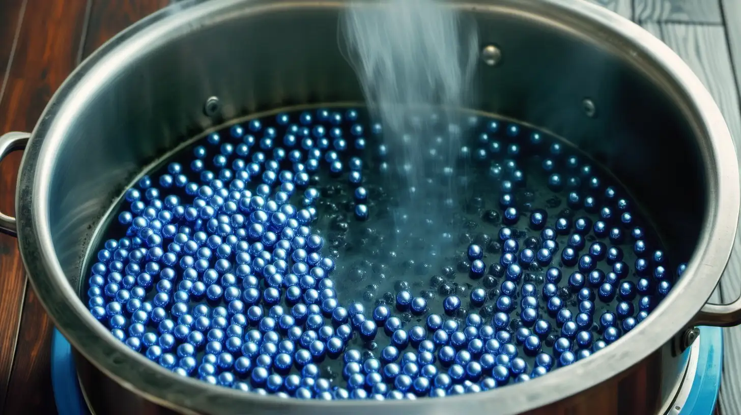 CloseUp of Boiling Pot with Shiny Blue Beads on Wood Floor