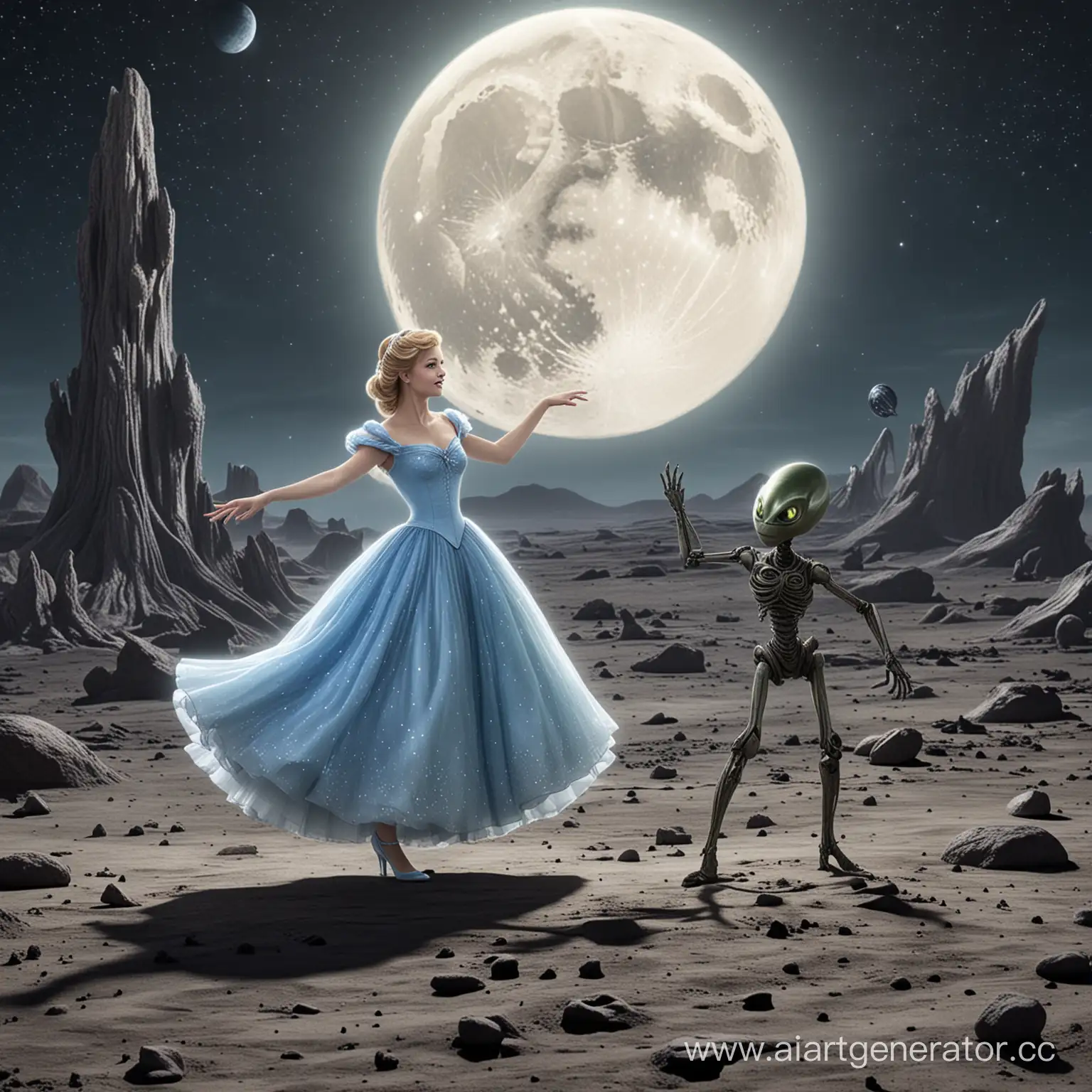 золушка с инопланетянином танцуют на луне