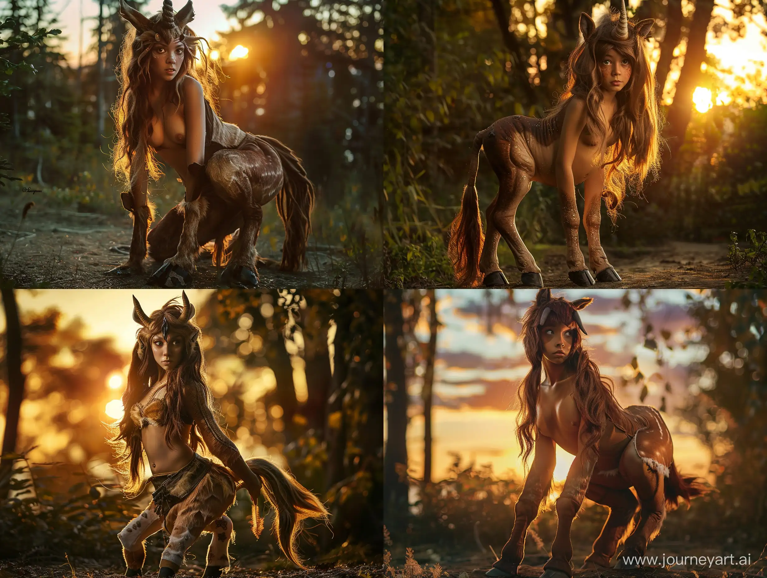A photograph of a centaur. She has loose brown hair, a face and a chest. She has hooves, fur and a tail. She is standing on all fours in a forest at sunset. Full body picture