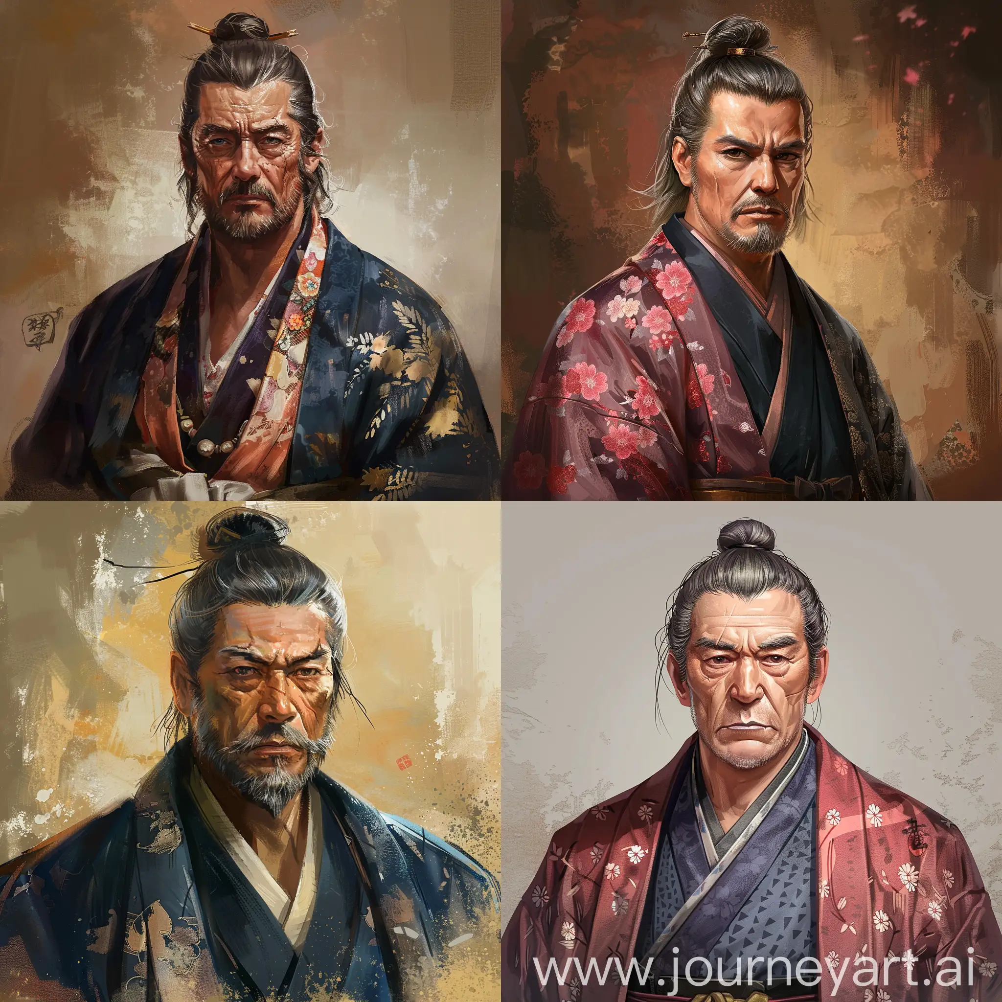 A portrait of a sengoku jidai middle aged samurai in kimono in the style of Nobunaga's Ambition character portraits