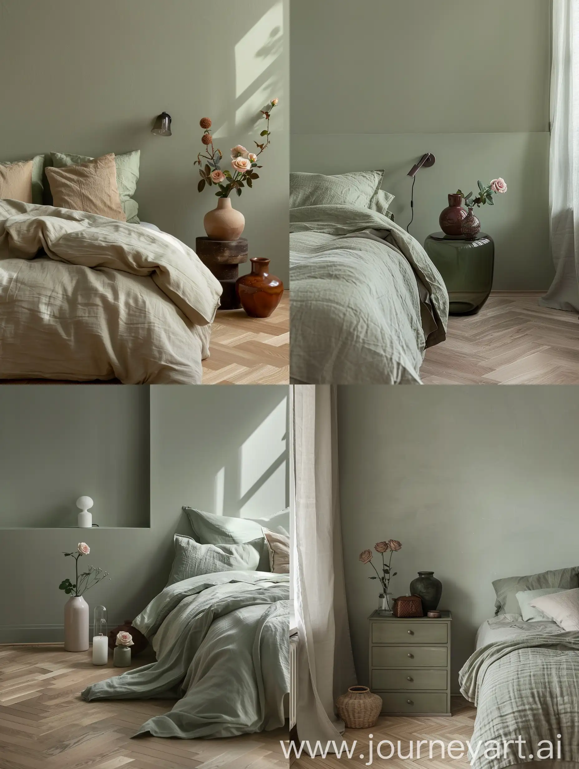 dettaglio di una camera da letto  verde salvia, stile minimal Pavimento parquet a spina ungherese chiaro. accessori rosa mahogany rose