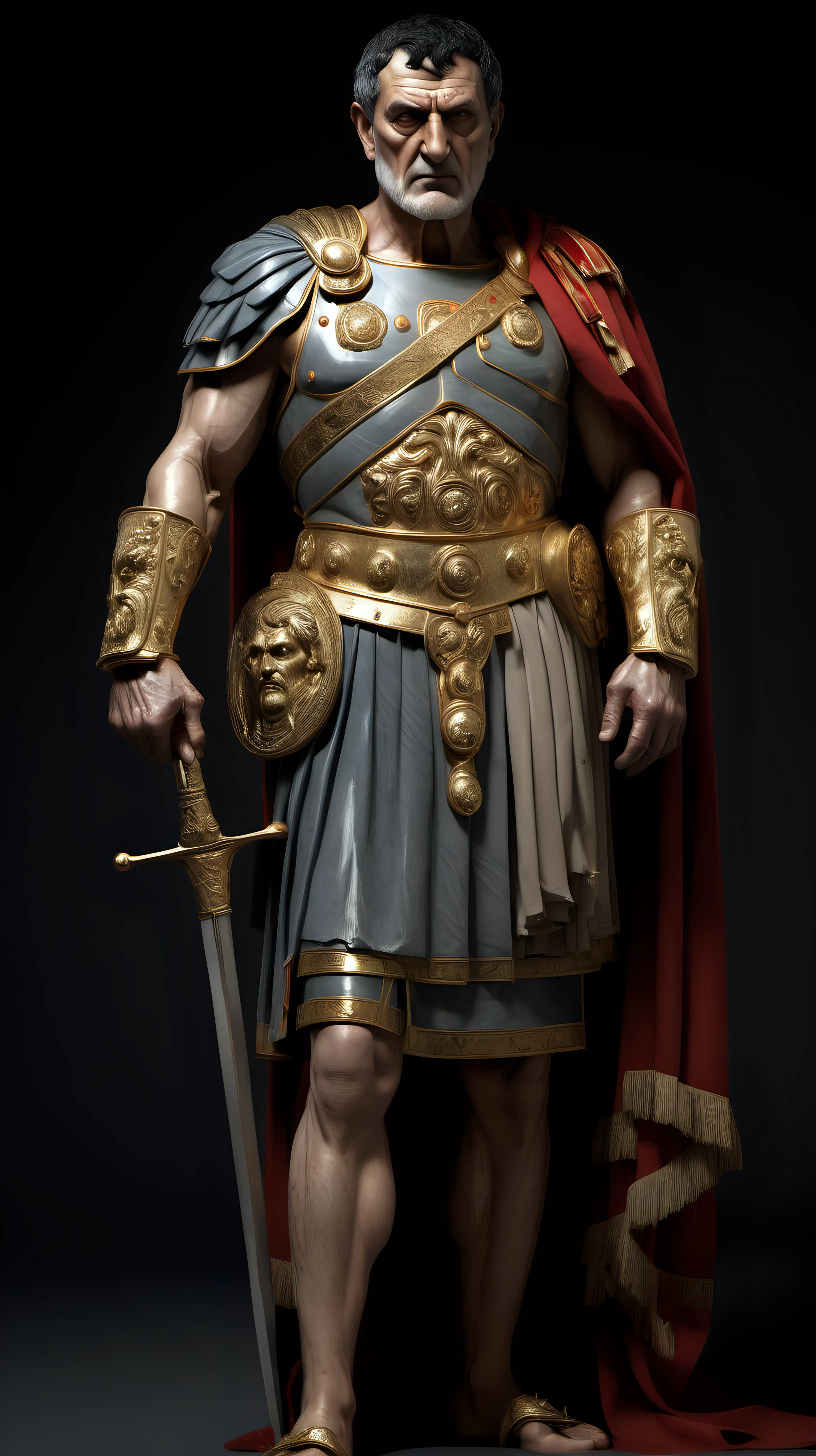Full body, Mature man. Emperor of Rome, veteran with many battle decorations. His cold face and sharp gaze. The face, although it bears traces of older wounds, is neat and bright. Strong shoulders can be seen under the subarmalis. The rich black hair matches the olive eyes and tanned facial skin. An imposing character to whom it behooves you to show respect. 