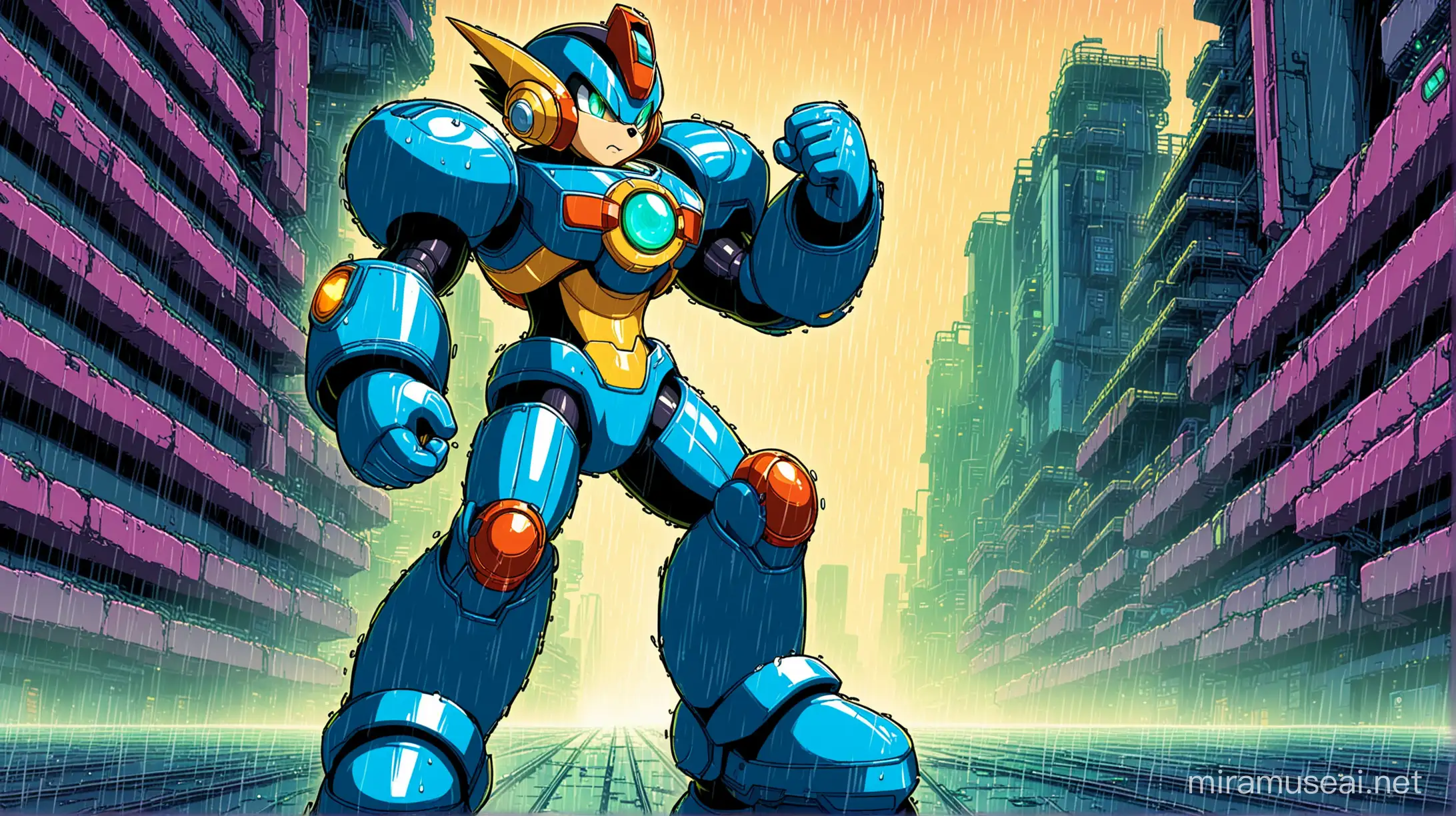 Cyberpunk Dystopia Mega Man Battle Network 6 Cyber Beast Gregar in Raining Cityscape