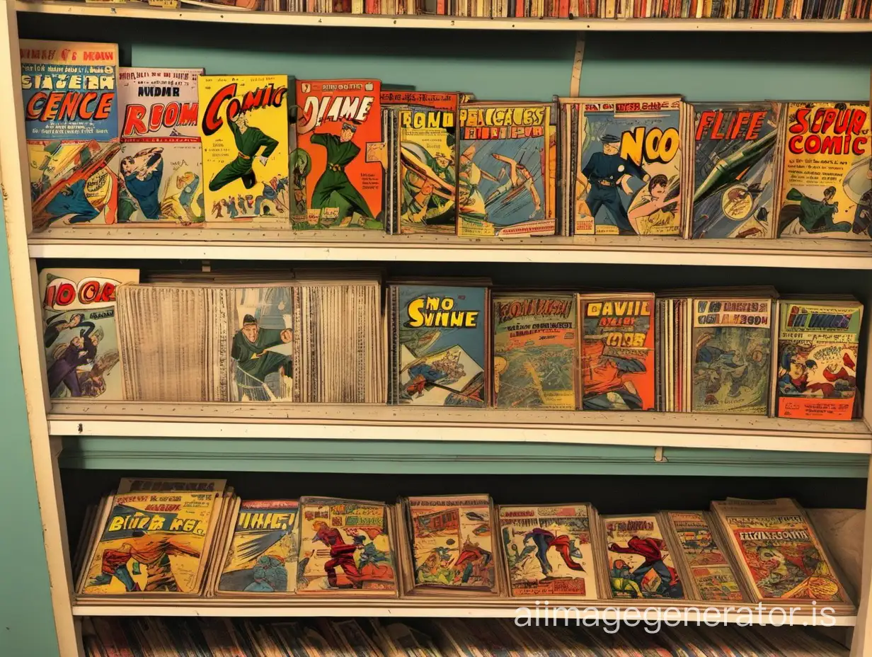 1940s-Comic-Book-Collection-Displayed-in-an-Empty-Newsstand